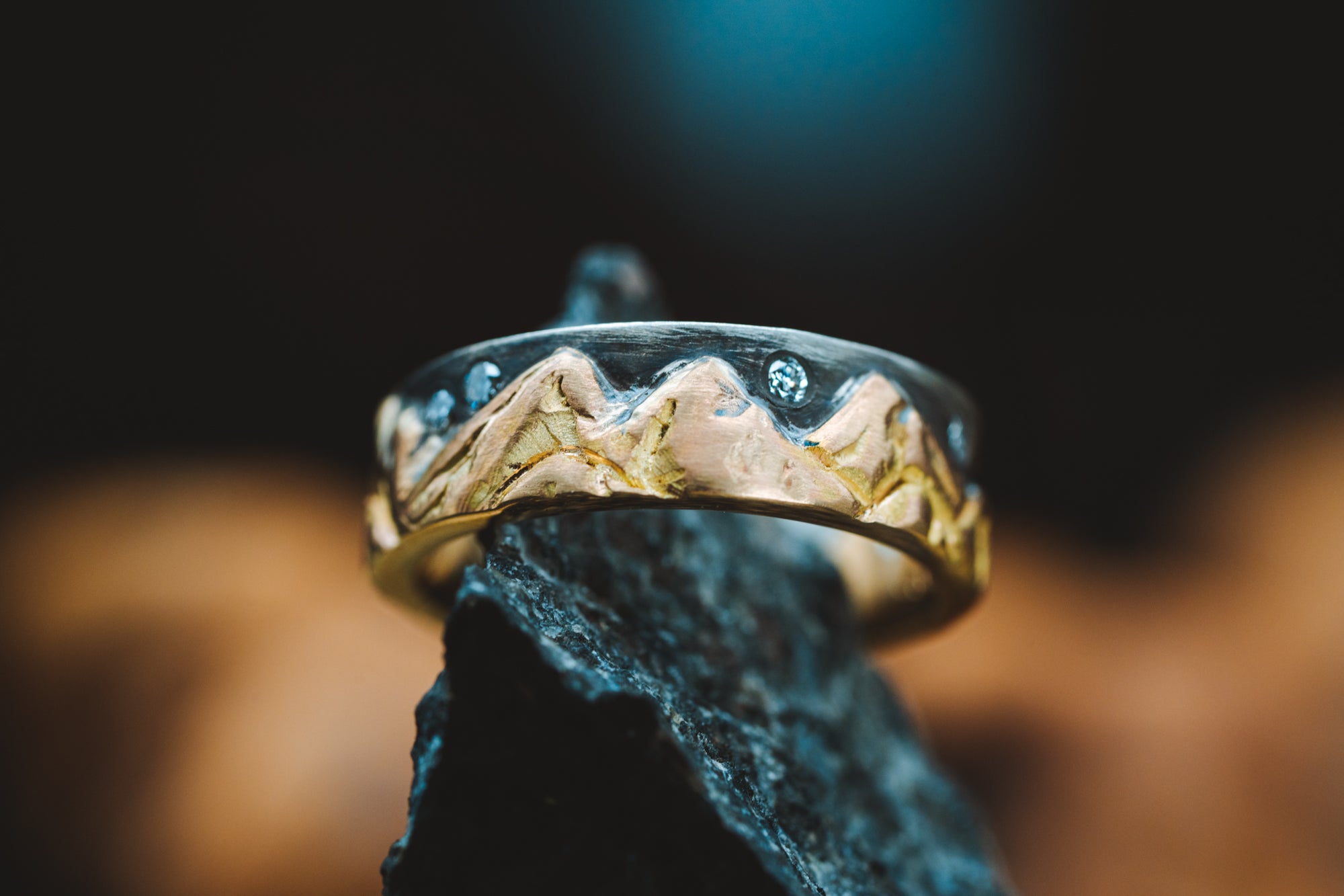 14k Yellow Gold and Oxidized Sterling Silver Men's Diamond Mountain Ring