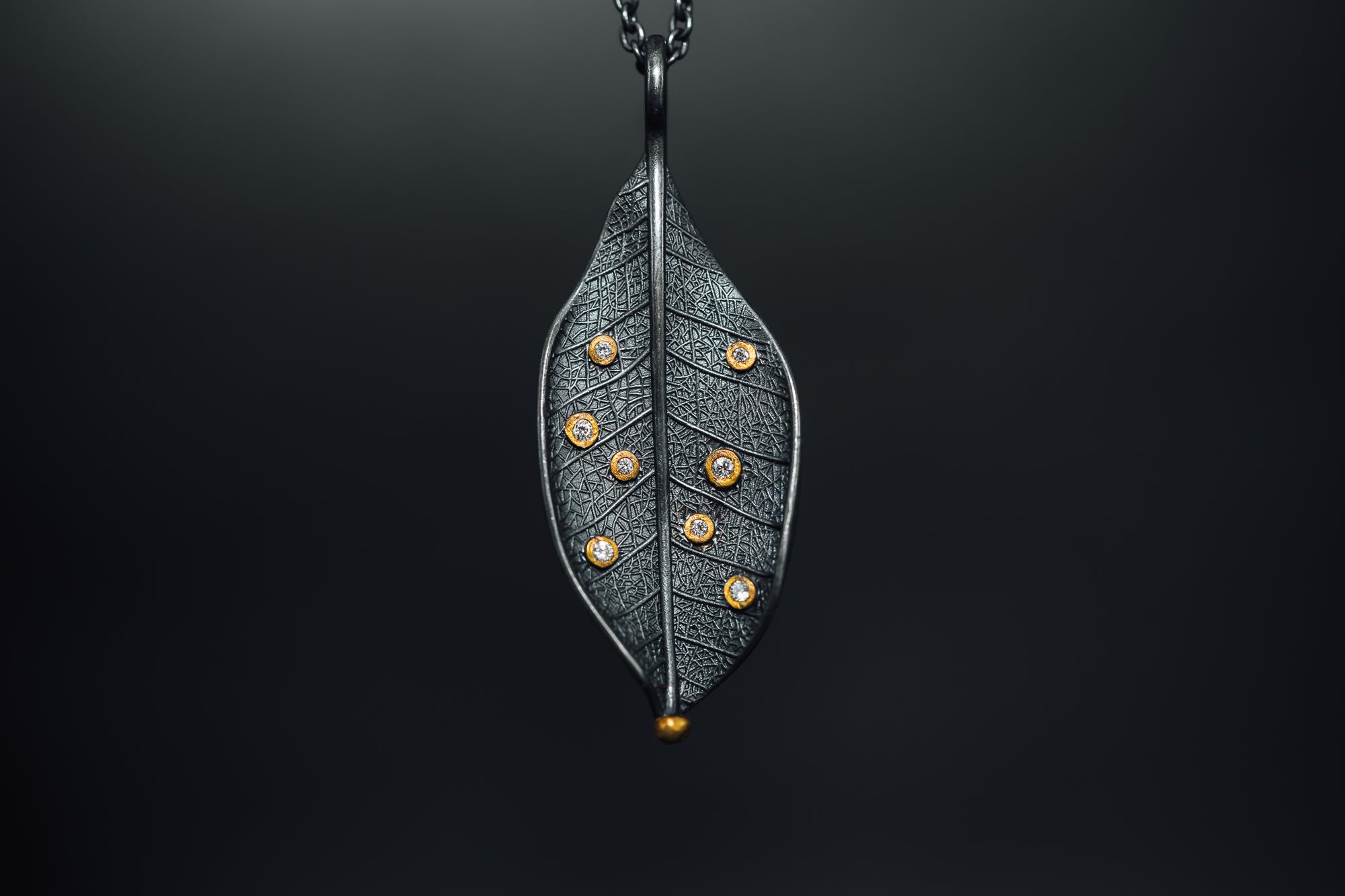 Oxidized Sterling Silver and 24k Yellow Gold Diamond Leaf Necklace