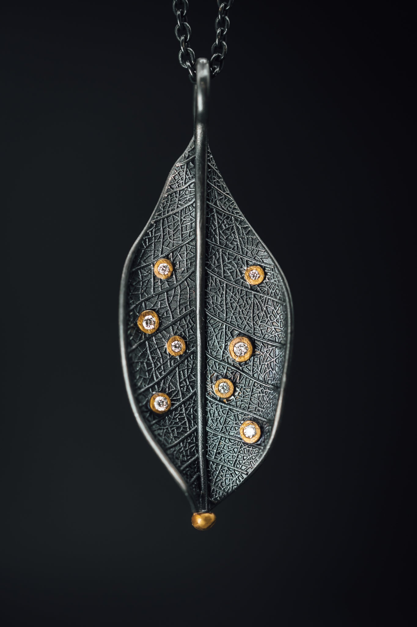 Oxidized Sterling Silver and 24k Yellow Gold Diamond Leaf Necklace