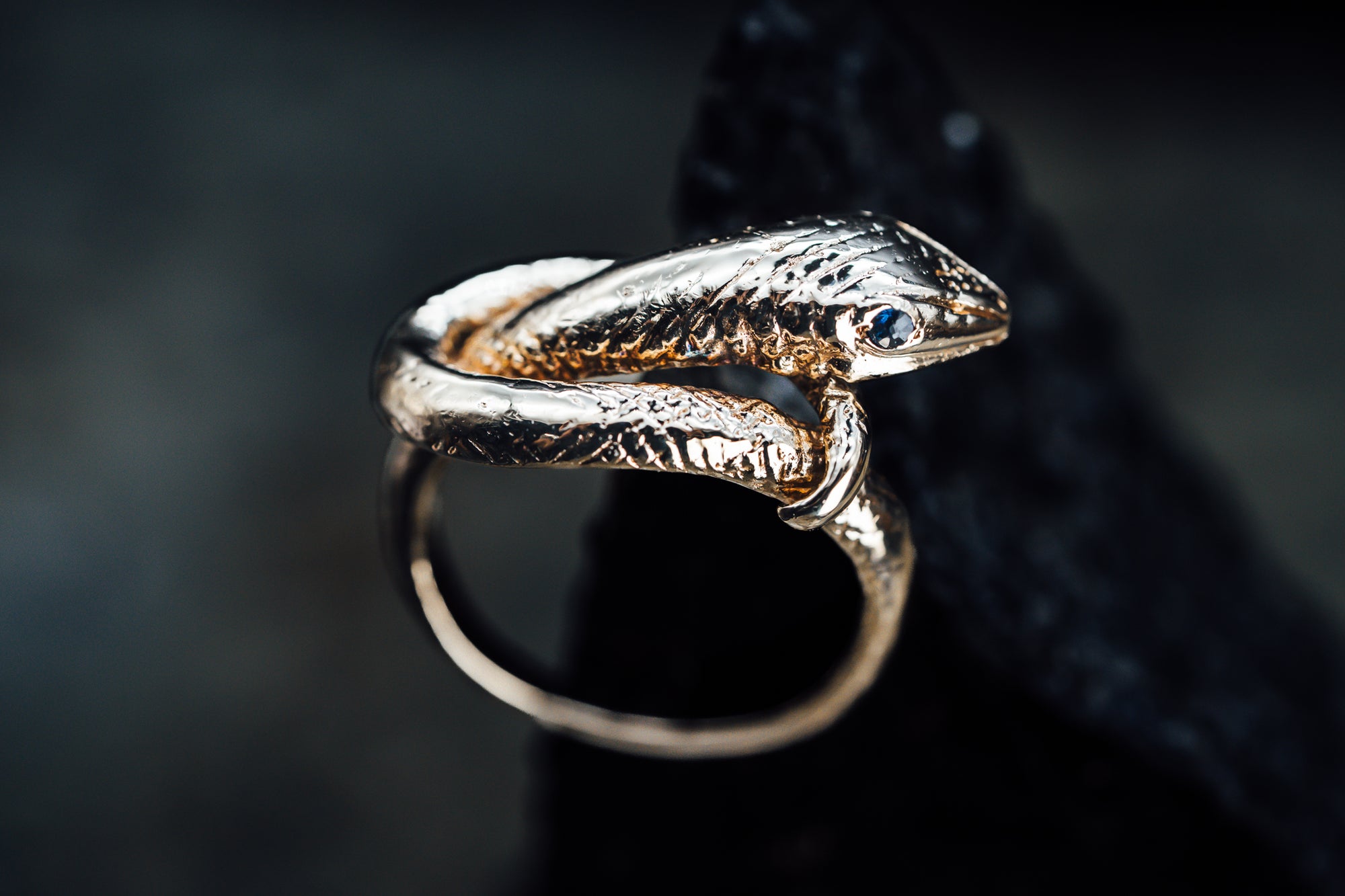 14k Yellow Gold Snake Ring with Sapphire Eyes