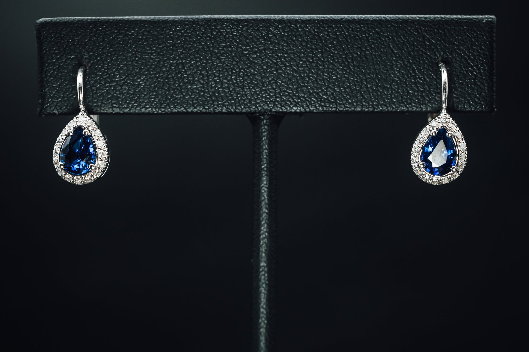 14k White Gold Blue Sapphire and Diamond Halo Drop Earrings