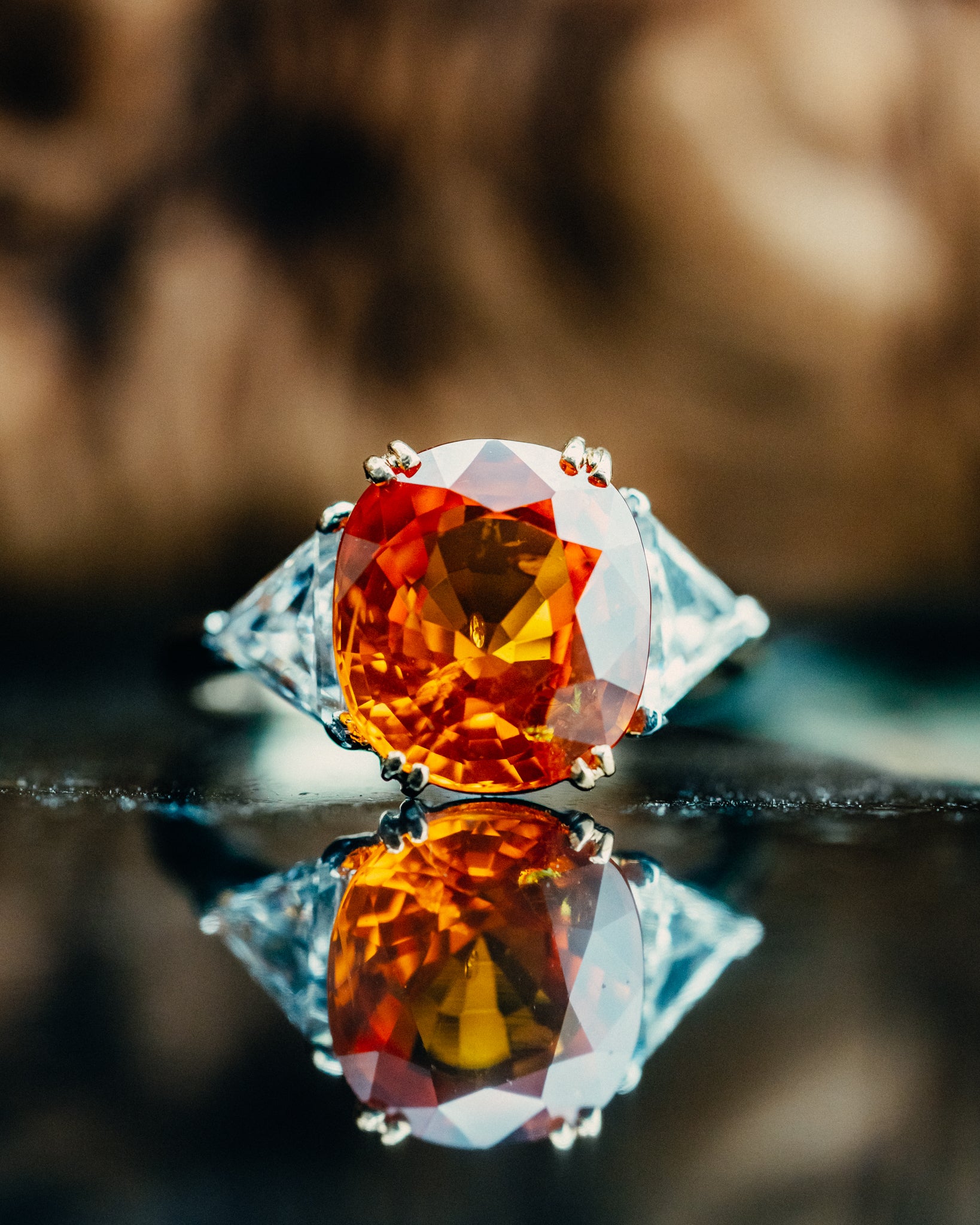 18k Yellow Gold Orange Sapphire and Diamond Ring