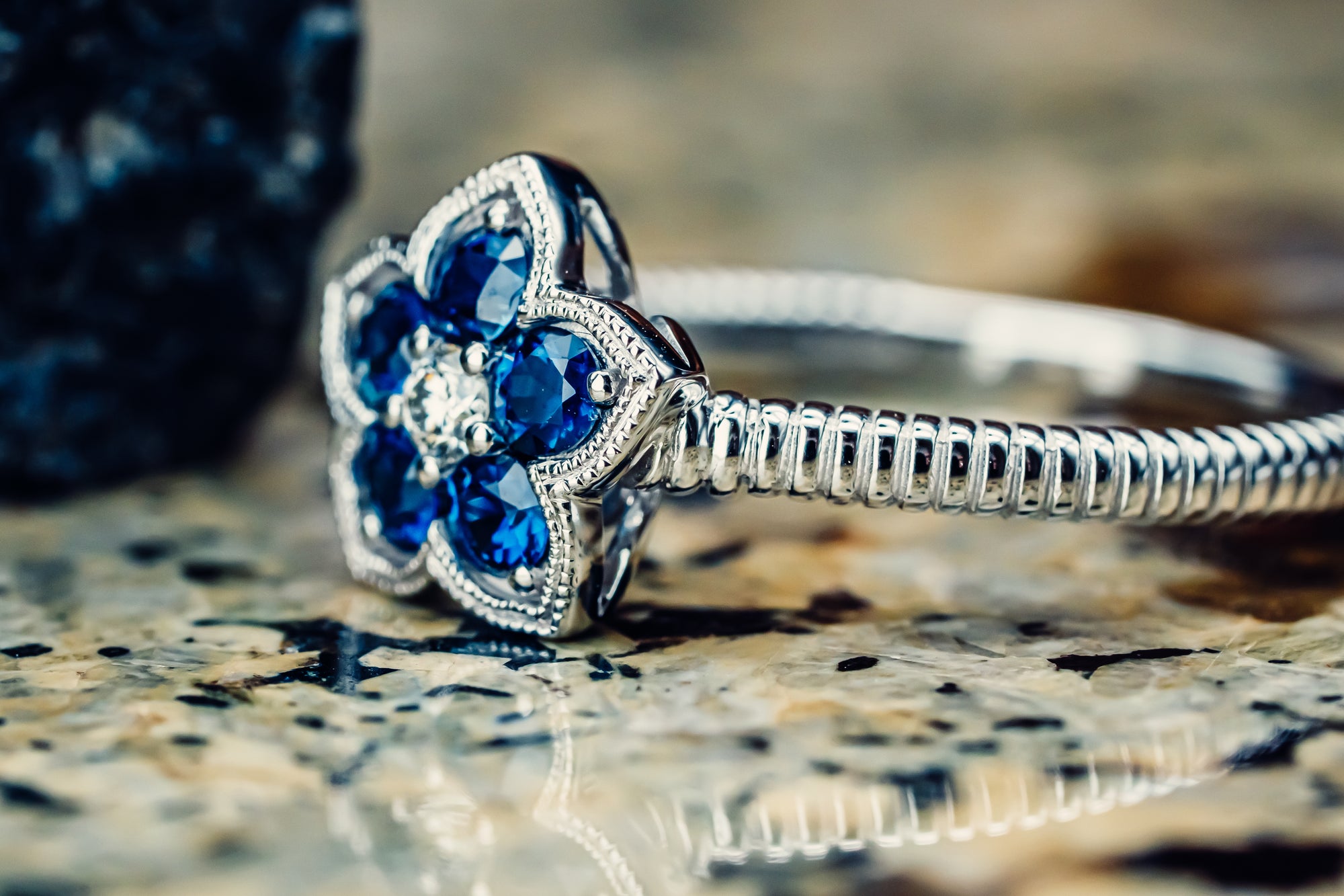 14k White Gold Sapphire and Diamond Flower Ring