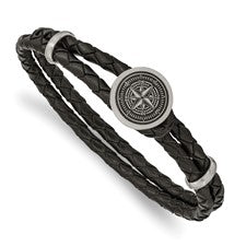 Men's Leather & Stainless Steel Lasered Compass Bracelet