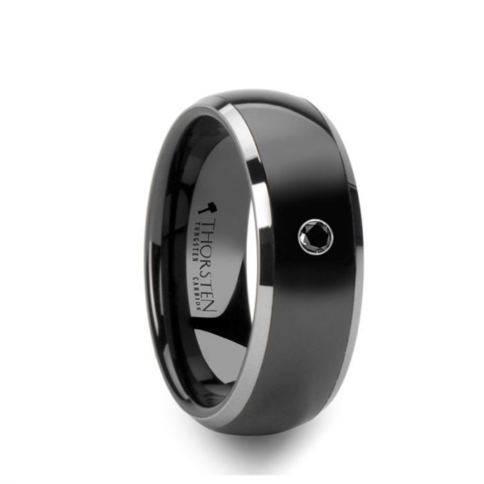 Domed Black Ceramic Comfort Fit Wedding Band with Polished Tungsten Edges and Black Diamond Setting