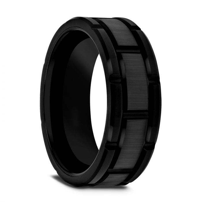 Beveled Black Tungsten Carbide Wedding Band with Brush Finished Center and Alternating Grooves