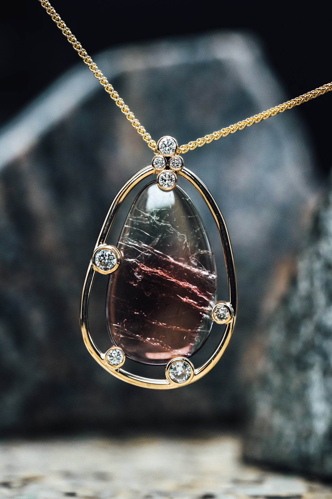 14k Yellow Gold Custom Watermelon Tourmaline Slice and Diamond Pendant