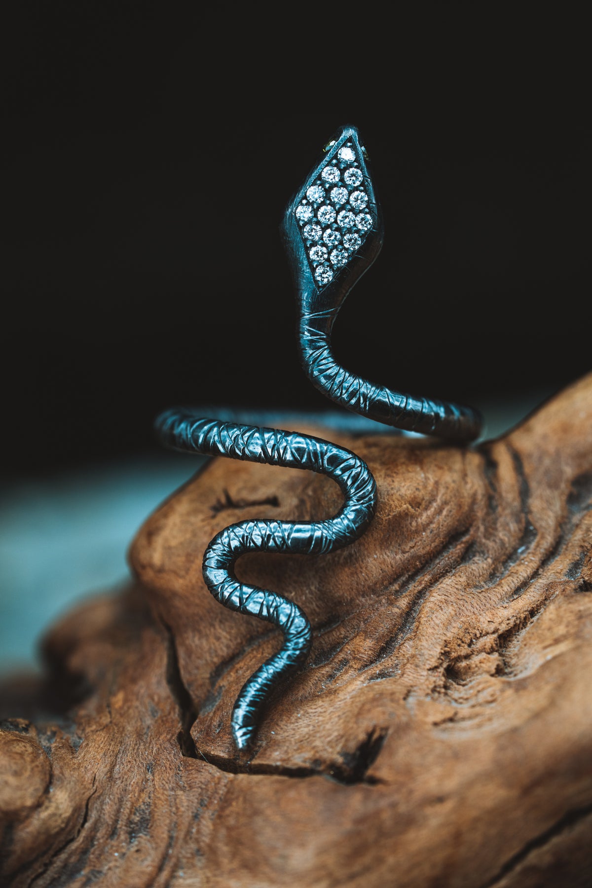 Oxidized Sterling Silver Snake w/Diamonds