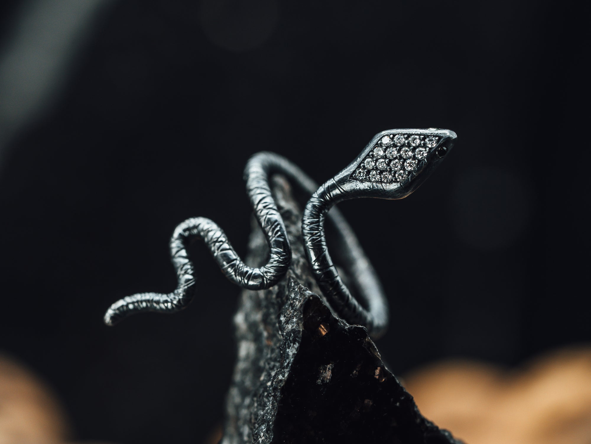 Oxidized Sterling Silver Snake w/Diamonds