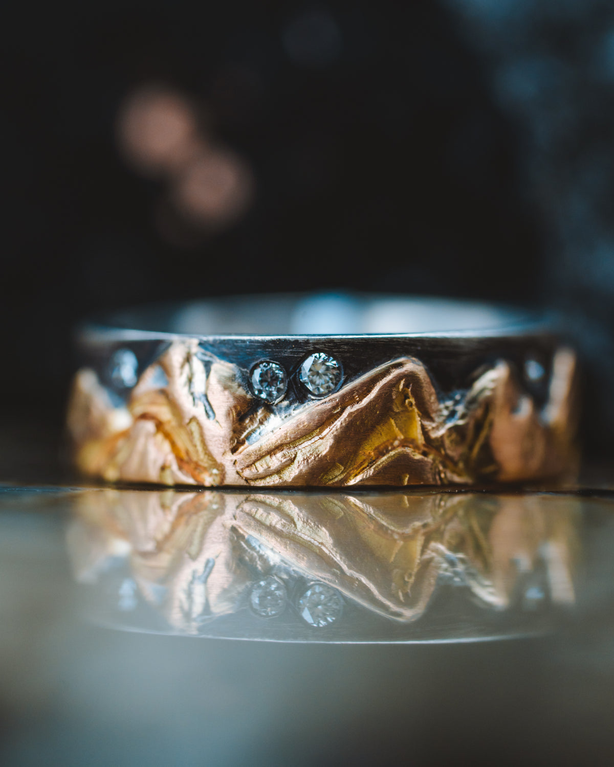 14k Yellow Gold and Oxidized Sterling Silver Men&#39;s Diamond Mountain Ring