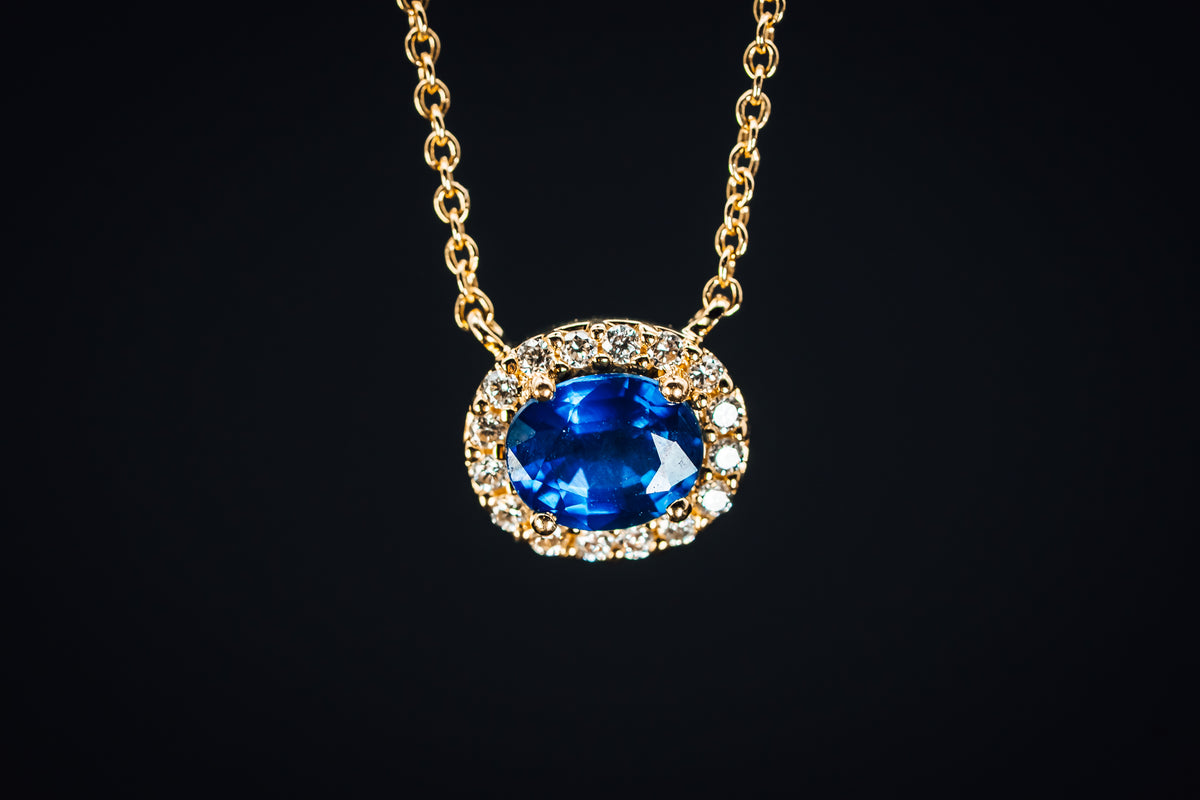 14k Yellow Gold Sapphire and Diamond Halo Pendant