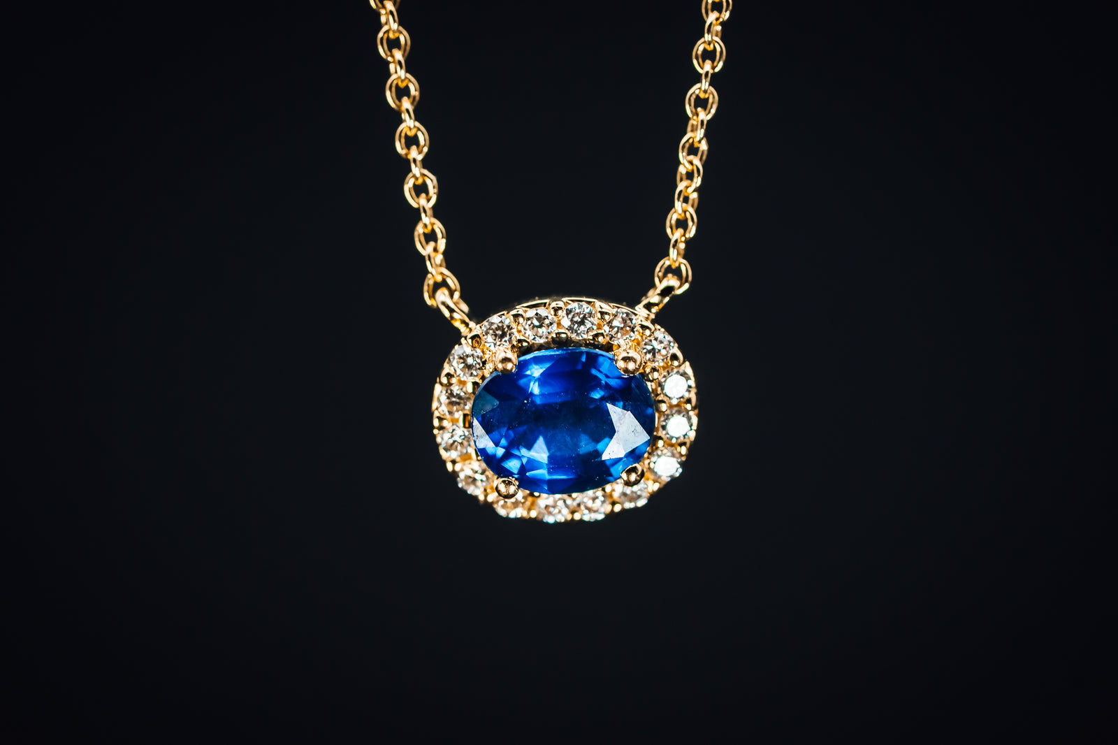 14k Yellow Gold Sapphire and Diamond Halo Pendant
