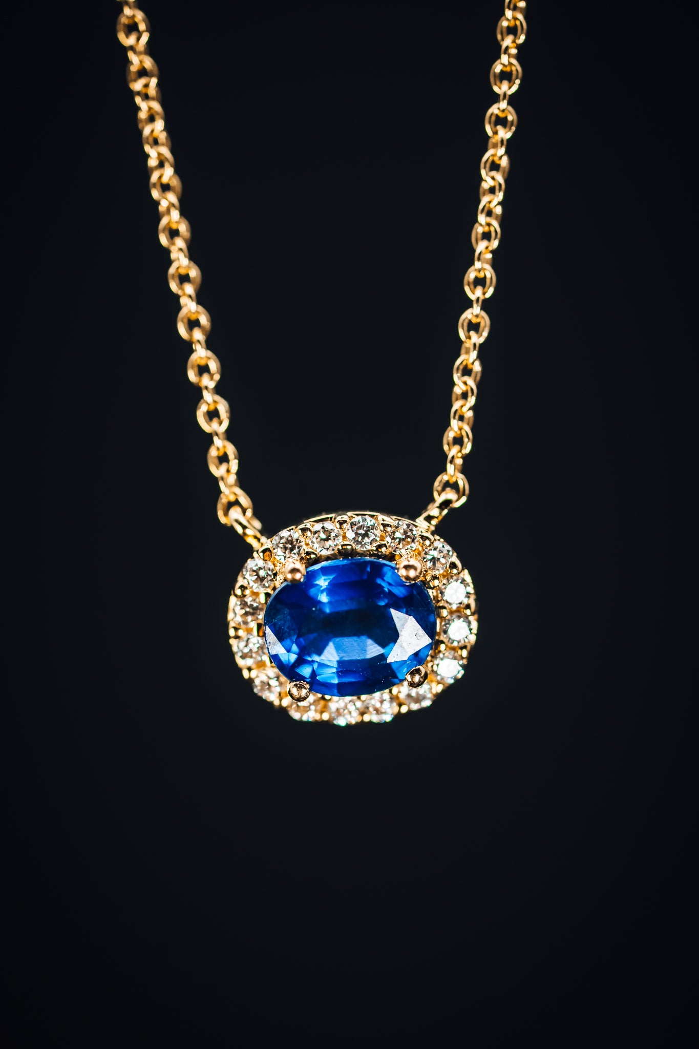14k Yellow Gold Sapphire and Diamond Halo Pendant