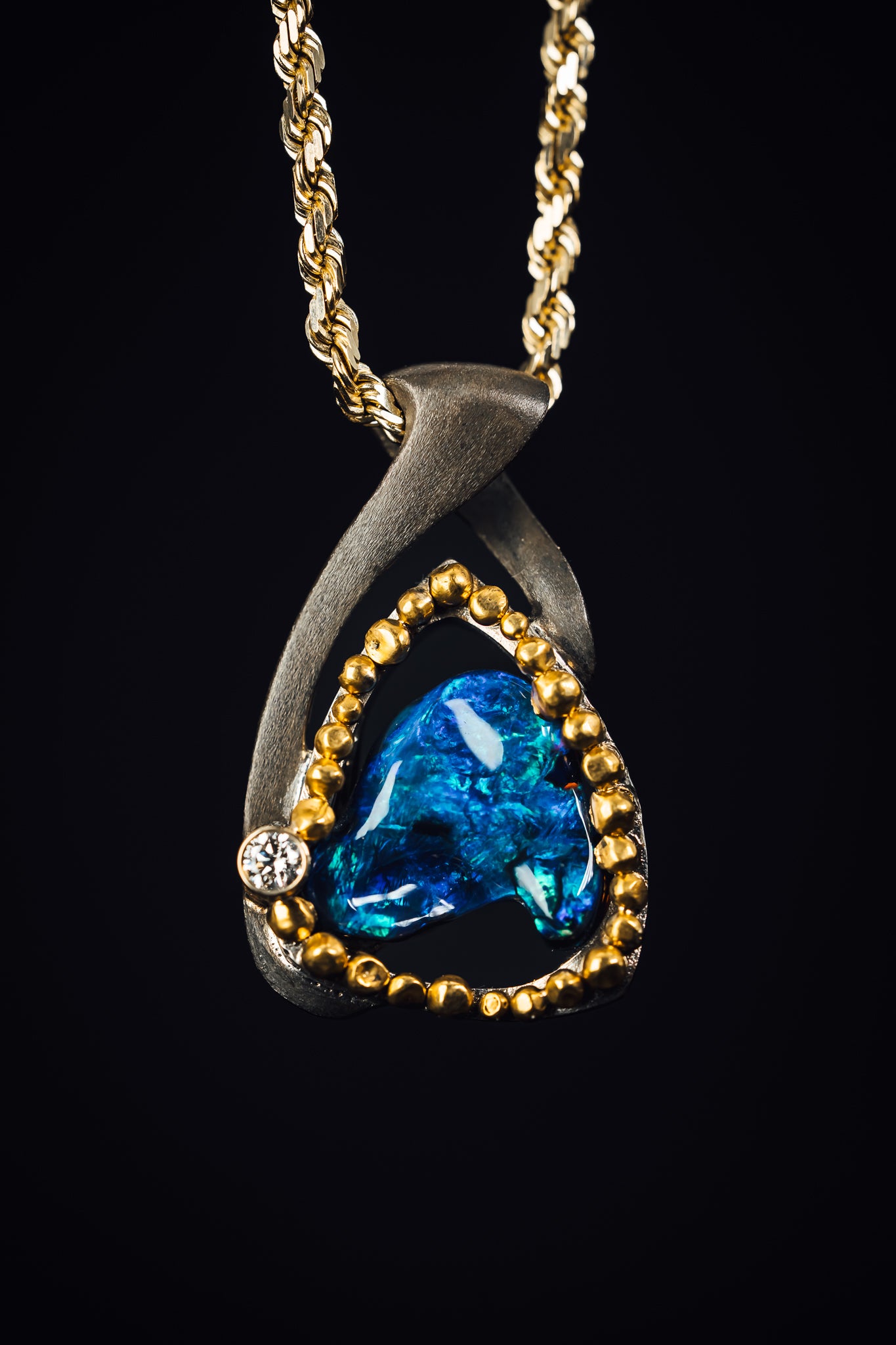 14k White Gold 24k Yellow Gold Oxidized Sterling Silver and Australian Opal Pendant