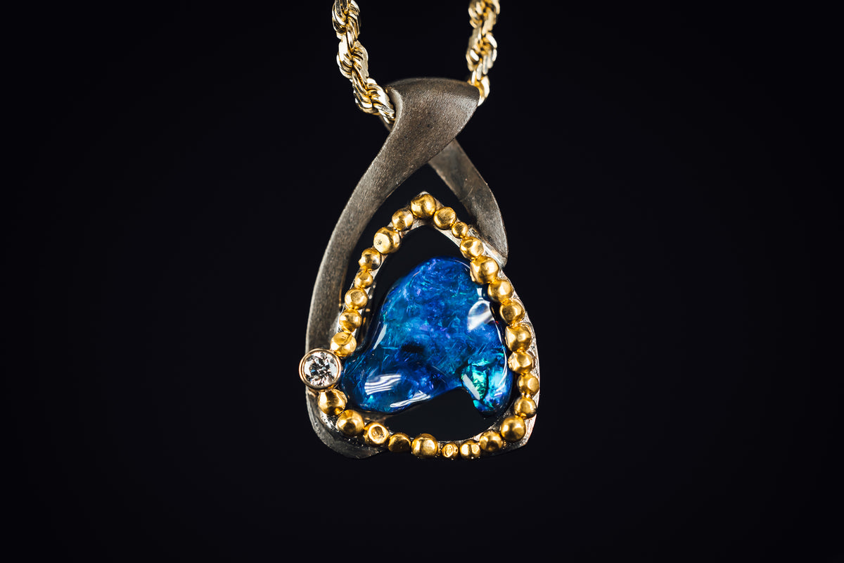 14k White Gold 24k Yellow Gold Oxidized Sterling Silver and Australian Opal Pendant