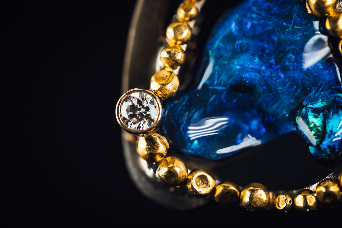 14k White Gold 24k Yellow Gold Oxidized Sterling Silver and Australian Opal Pendant