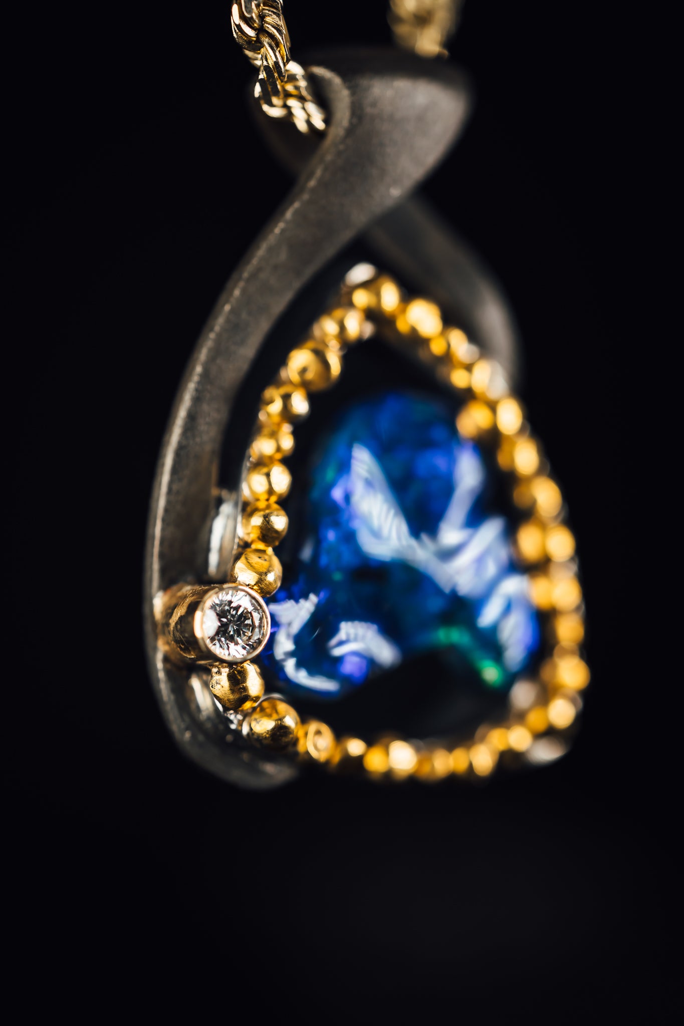 14k White Gold 24k Yellow Gold Oxidized Sterling Silver and Australian Opal Pendant