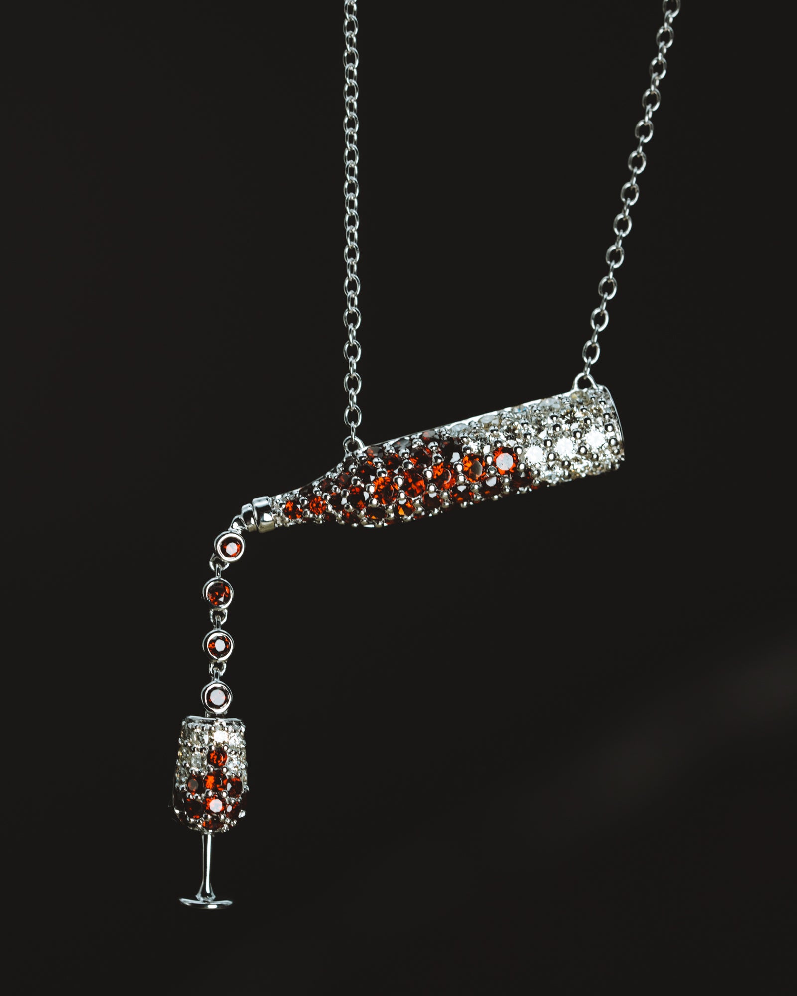 14k White Gold Mozambique Garnet and Diamond Wine Bottle and Glass Pendant