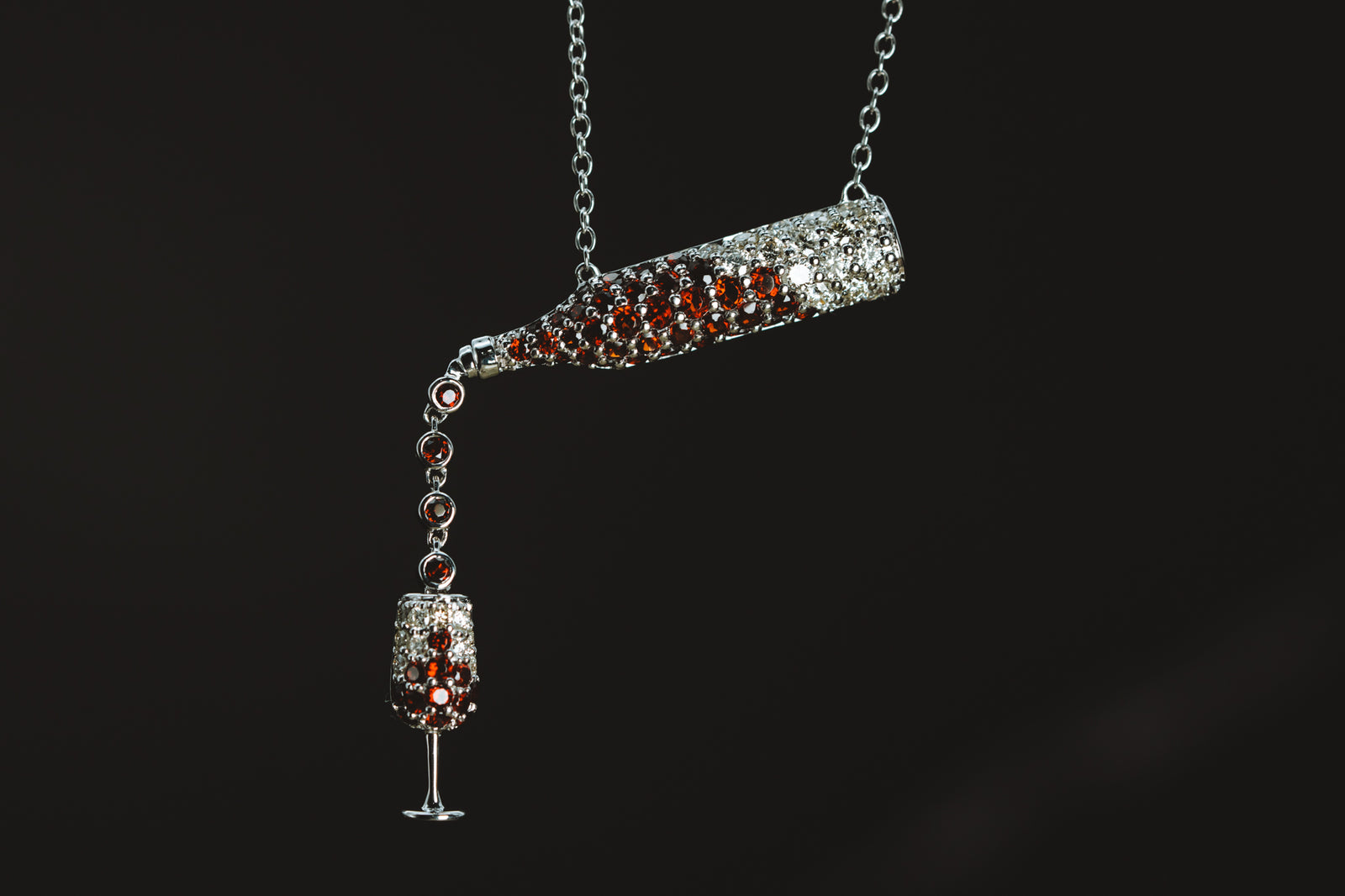 14k White Gold Mozambique Garnet and Diamond Wine Bottle and Glass Pendant