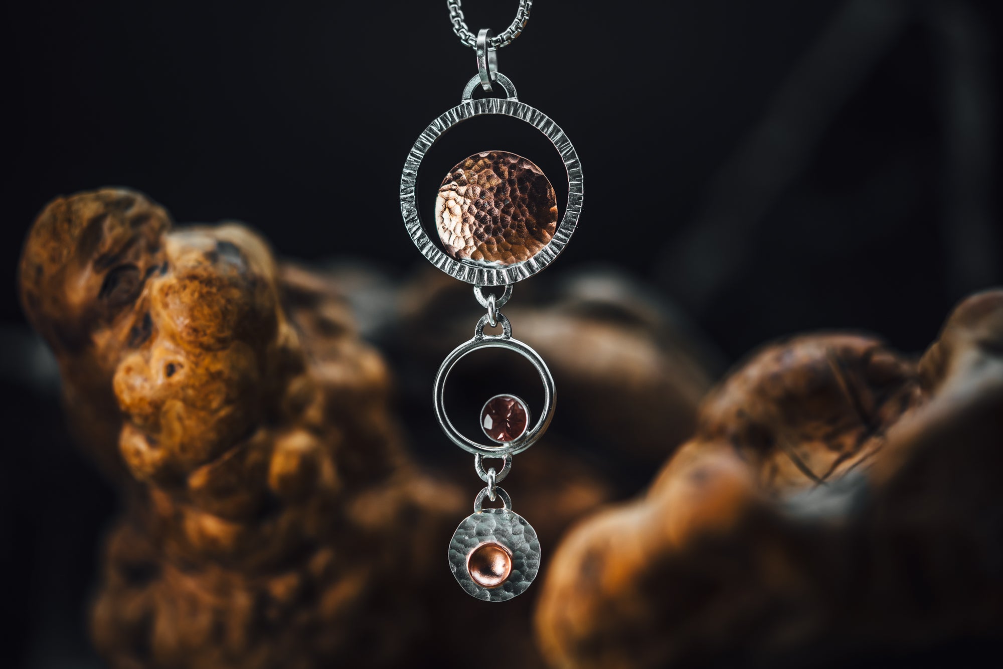 Sterling Silver and Copper Oregon Sunstone Satellite Pendant