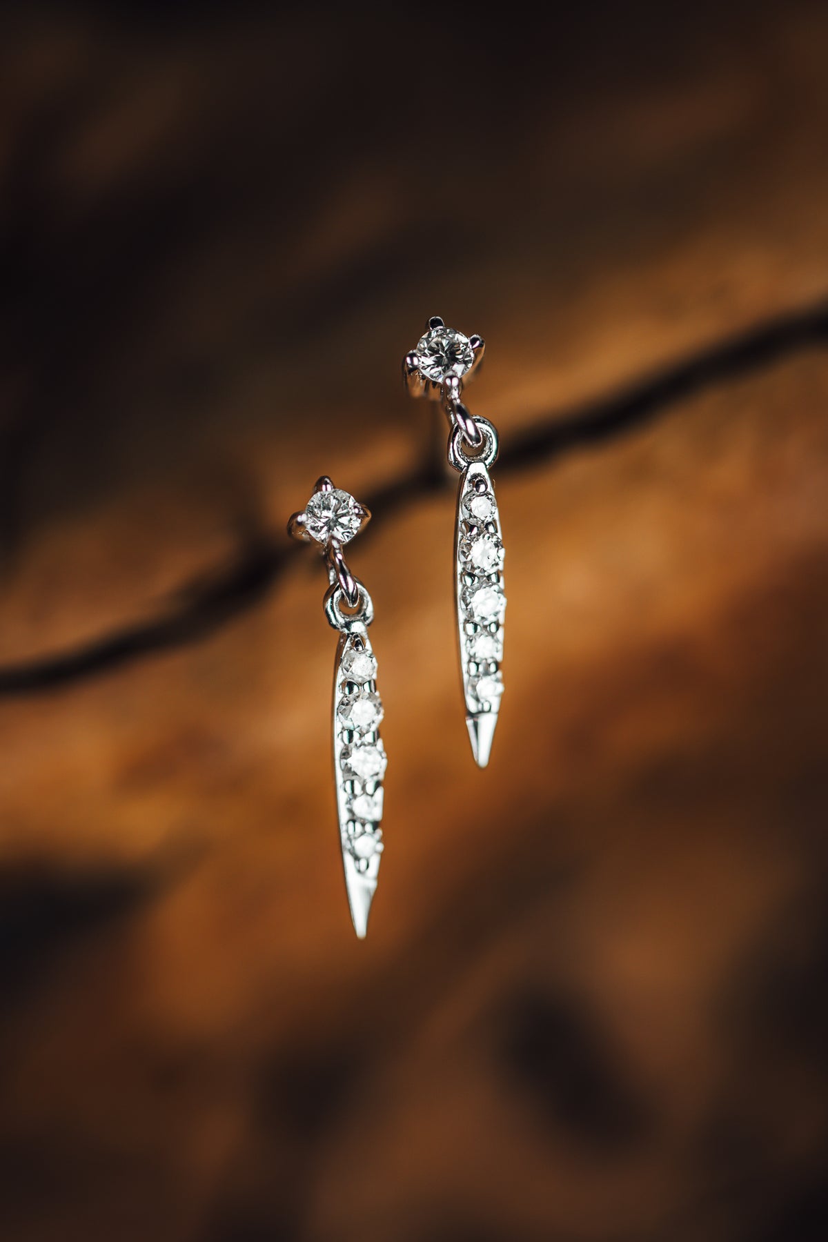 14k White Gold Diamond Spike Dangle Earrings
