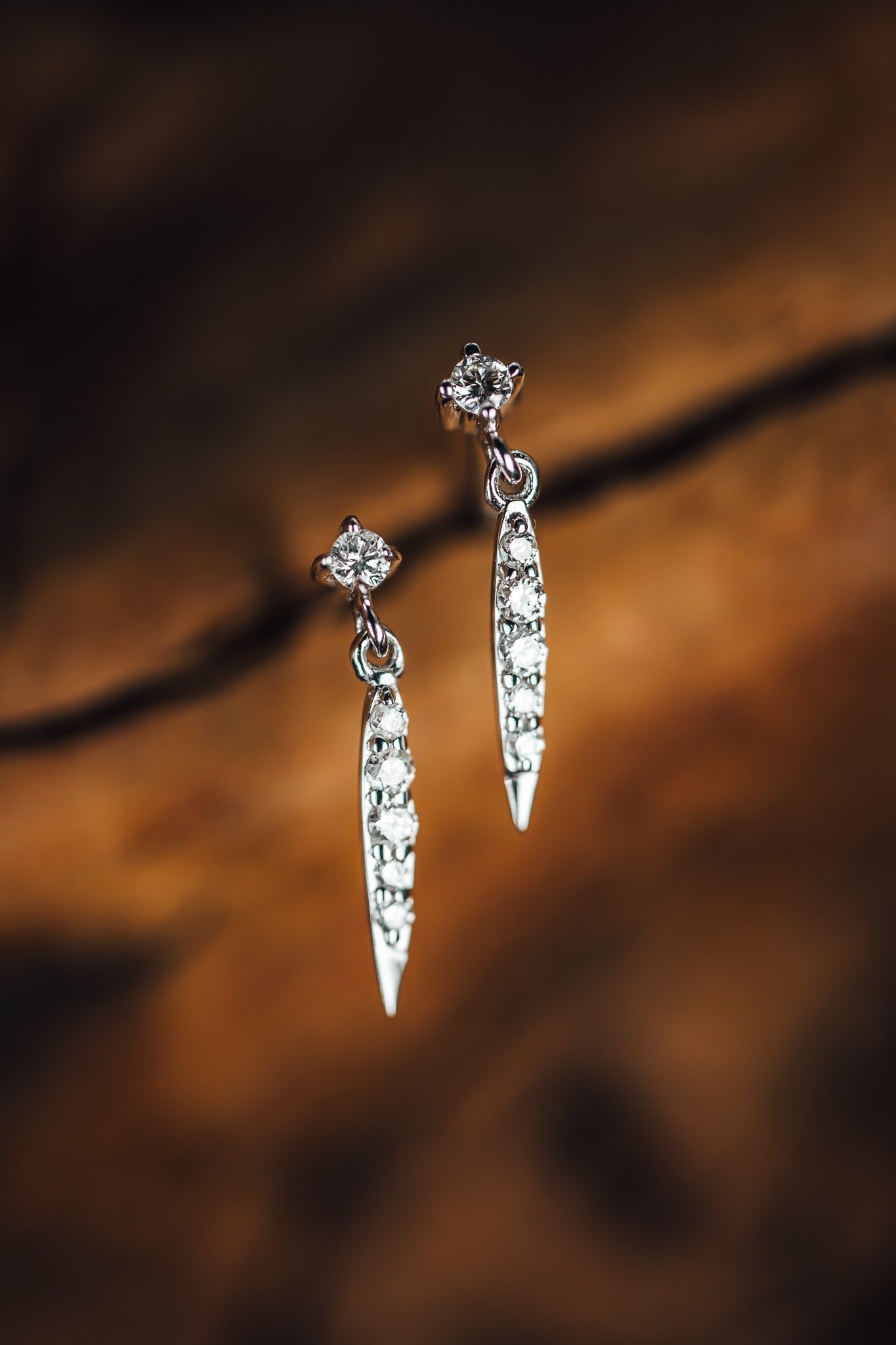 14k White Gold Diamond Spike Dangle Earrings