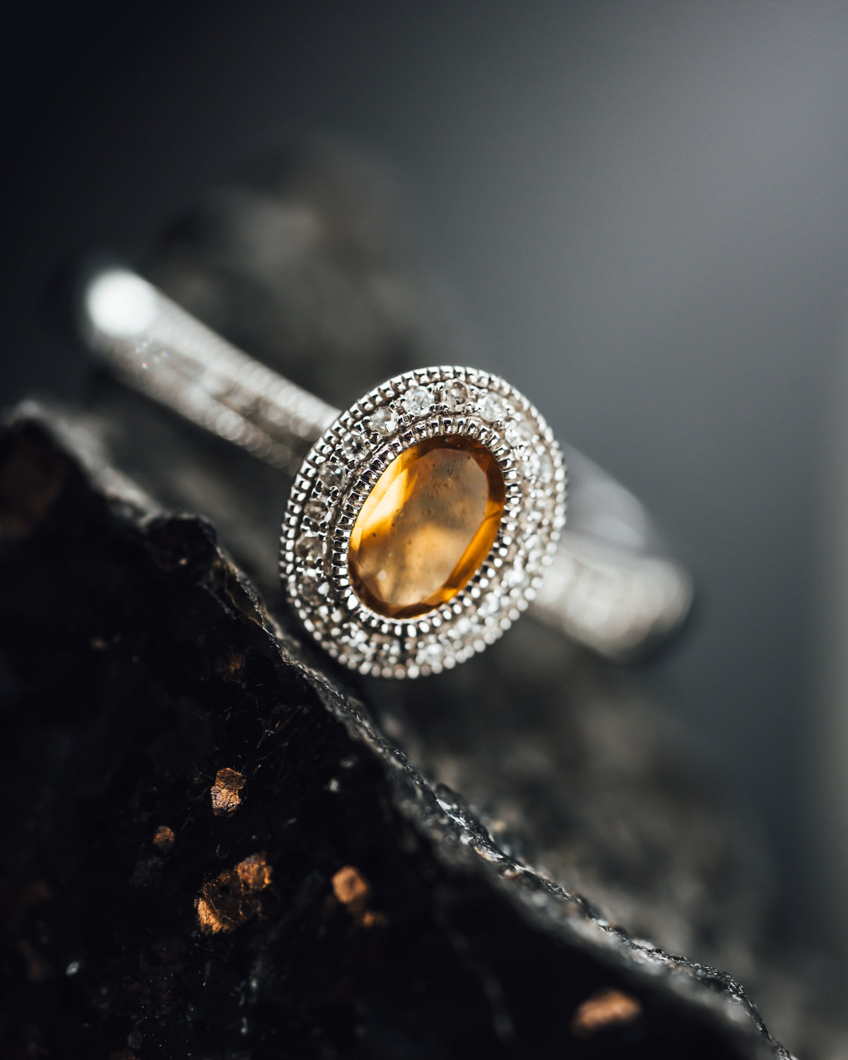 14k White Gold Citrine and Diamond Halo Ring