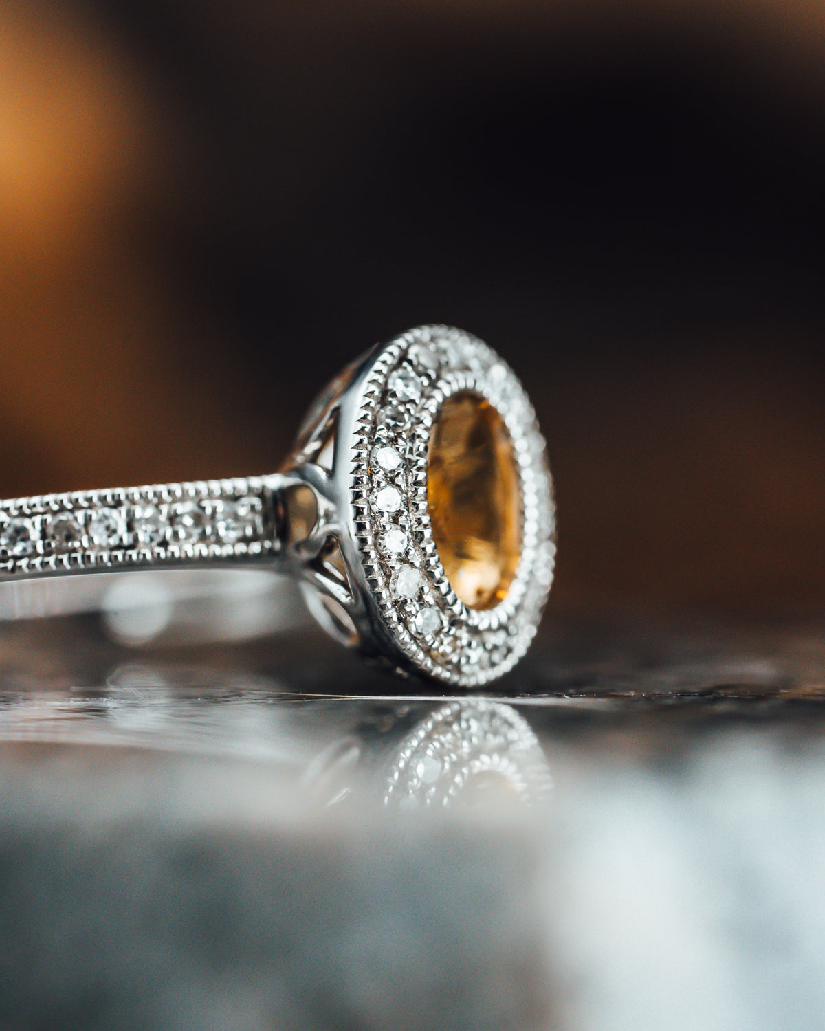 14k White Gold Citrine and Diamond Halo Ring