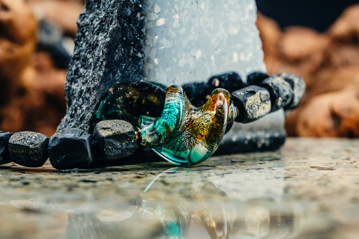 Cubes of Slate with Pyrite Necklace and a Murano-Style Glass Pendant/Clasp