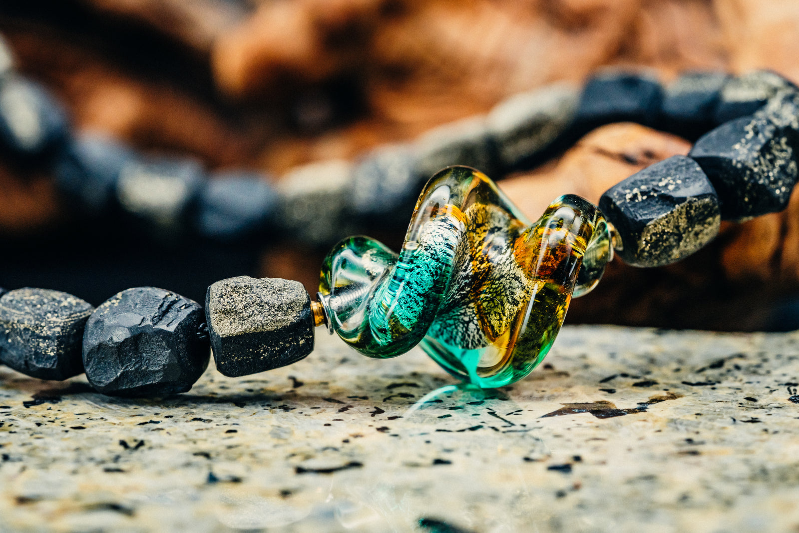 Cubes of Slate with Pyrite Necklace and a Murano-Style Glass Pendant/Clasp