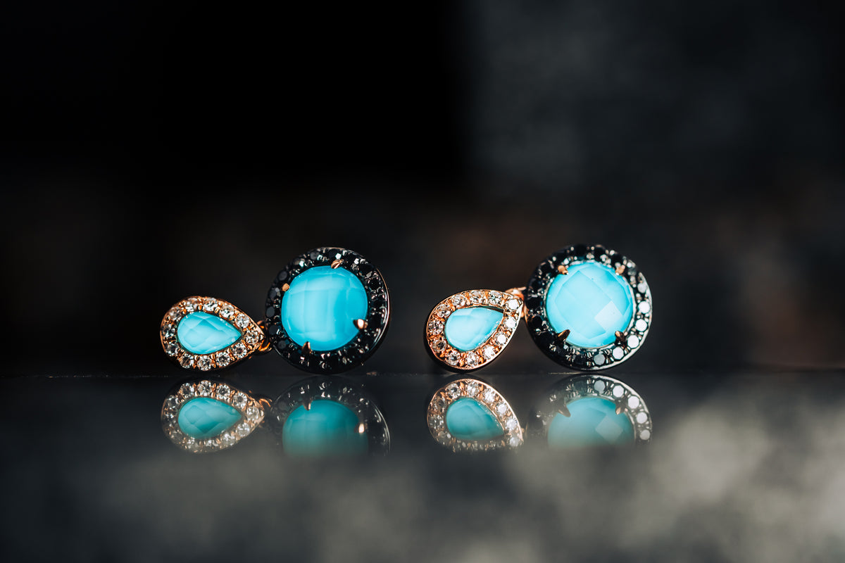 14k Rose Gold Turquoise, White Quartz, Back and White Diamond Earrings