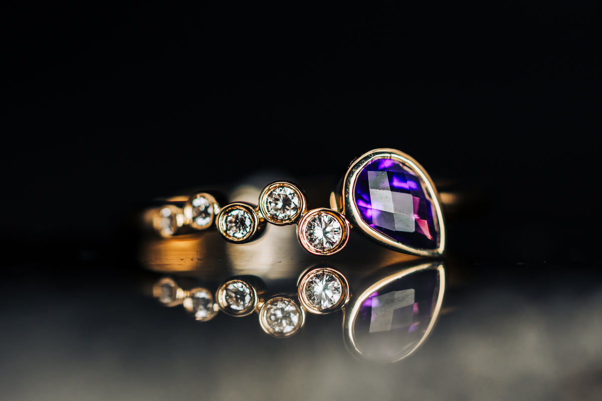 14k Yellow Gold Amethyst and Diamond Ring