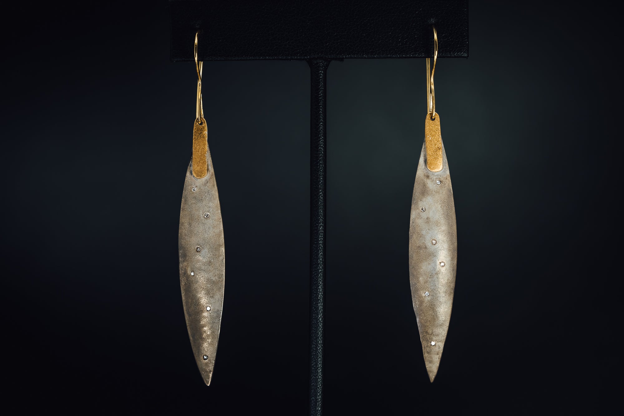 Oxidized Sterling and 18k Gold Diamond Earrings