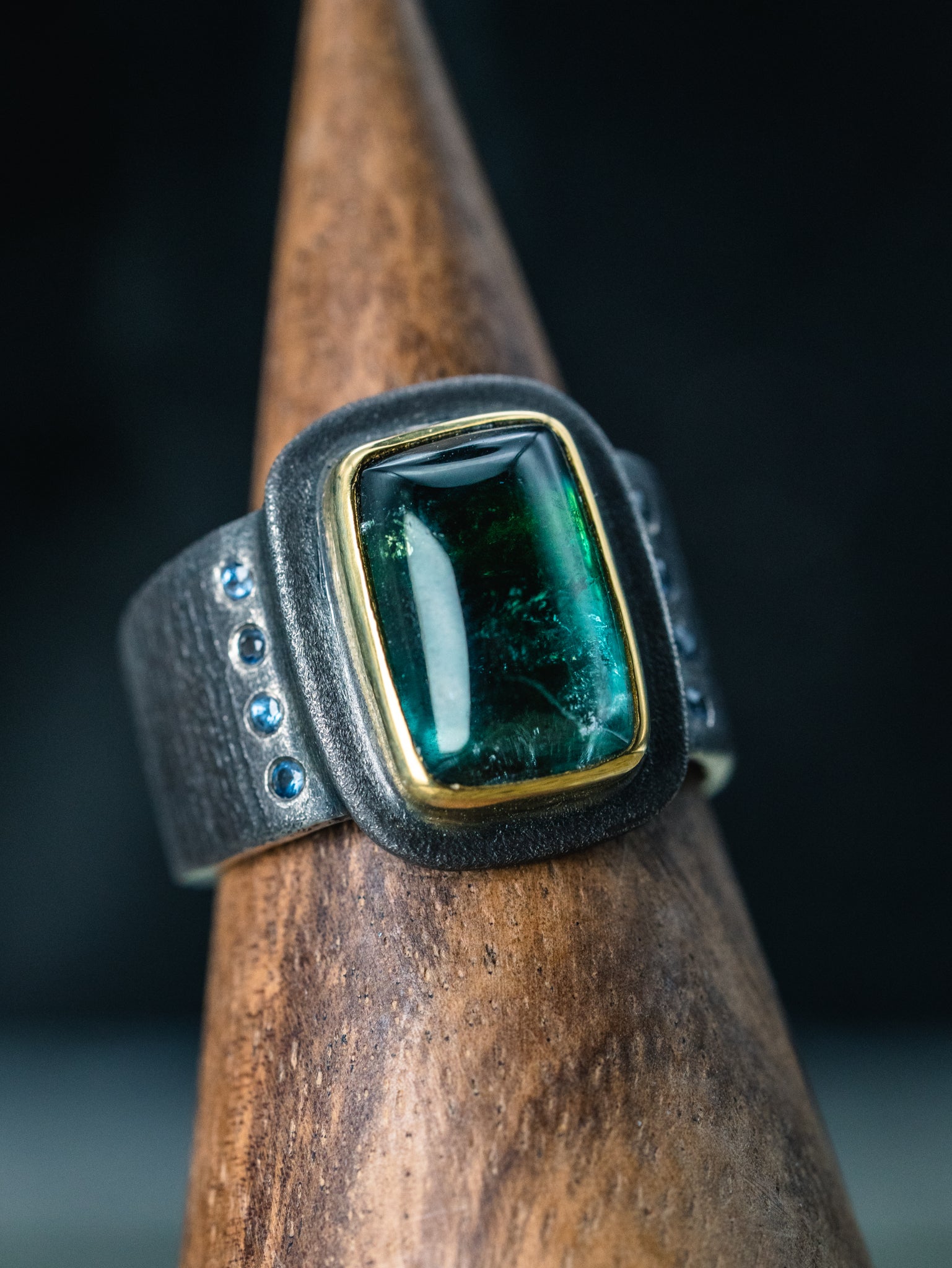 Sterling/22k Yellow Gold Green Tourmaline and Sapphire Ring