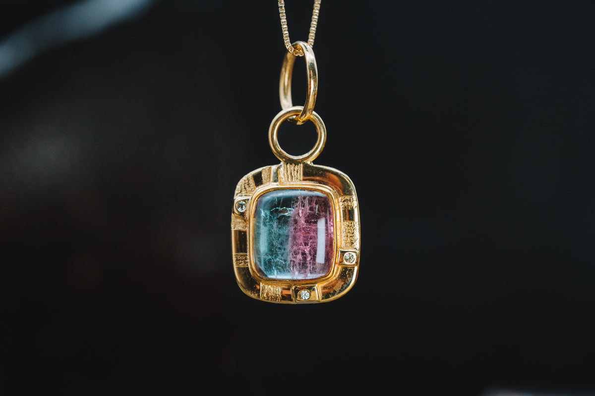 18k/22k Yellow Gold Bi-Color Tourmaline and Sapphire Custom Pendant