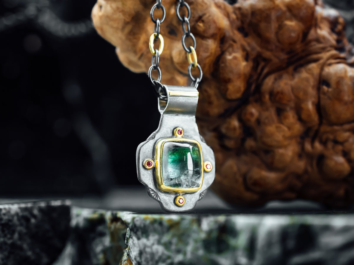 Oxidized Sterling/22k Yellow Gold Peridot and Sapphire Custom Pendant