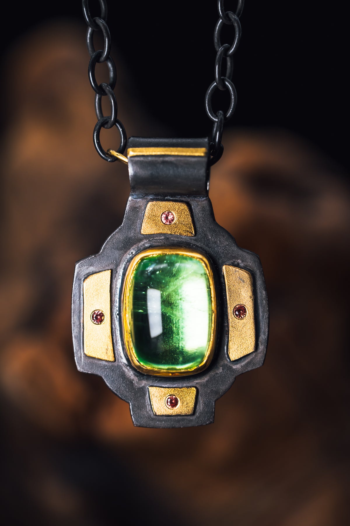 Oxidized Sterling/22k Yellow Gold Peridot and Sapphire Custom Pendant