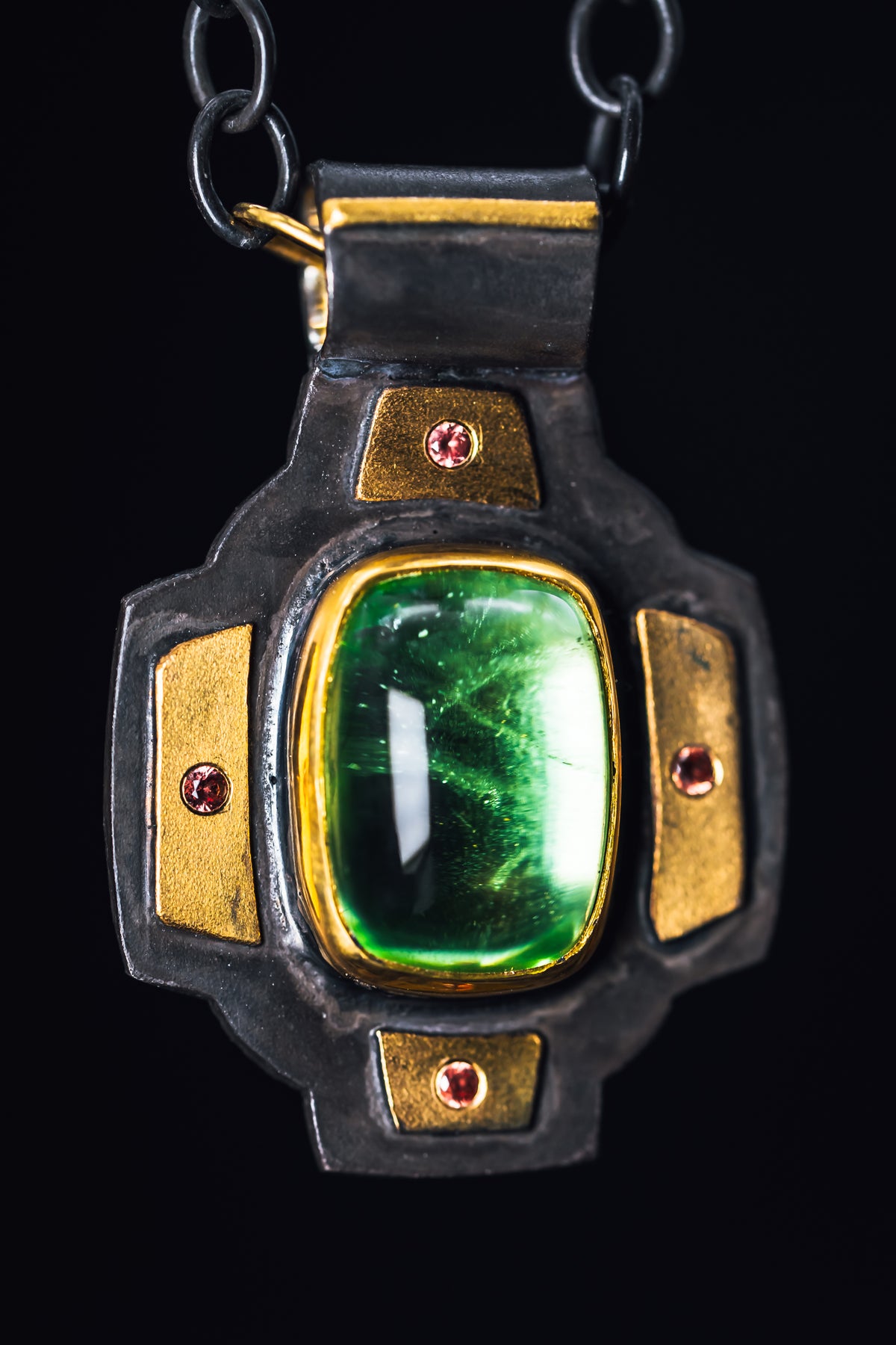 Oxidized Sterling/22k Yellow Gold Peridot and Sapphire Custom Pendant