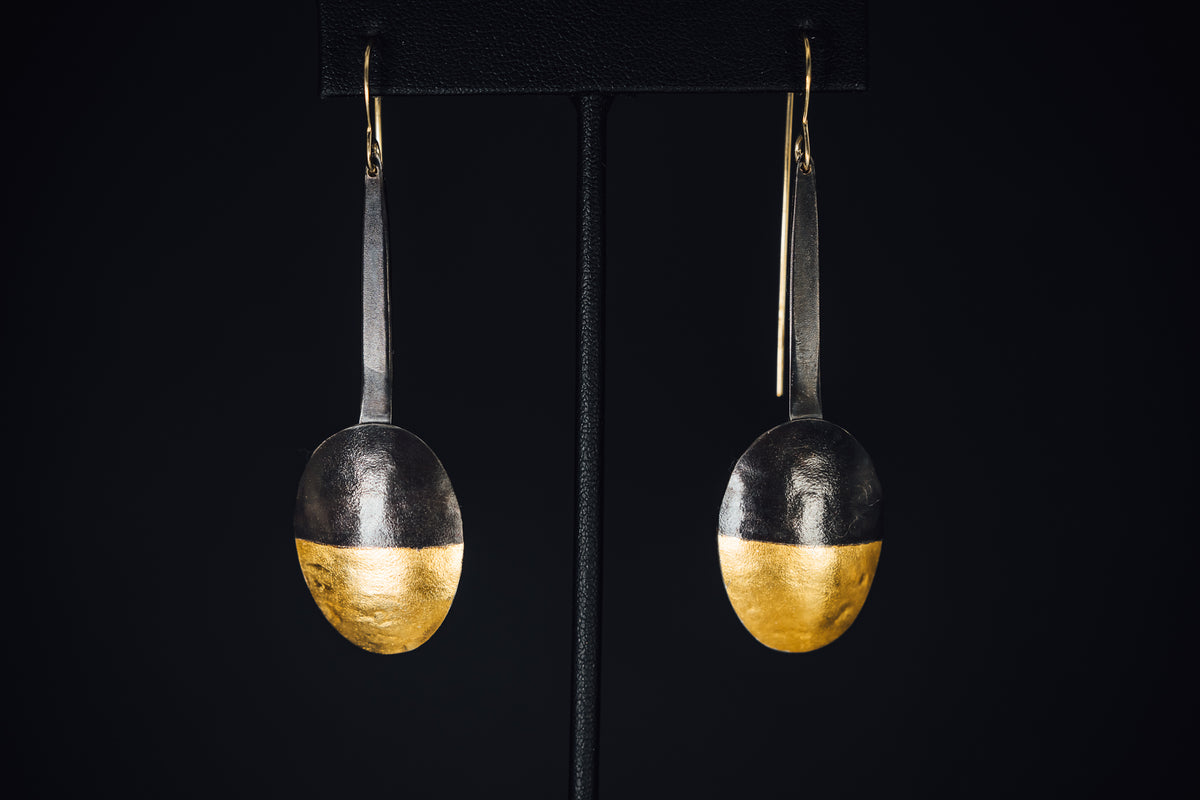 Oxidized Sterling Silver and 23.5k Yellow Gold Earrings