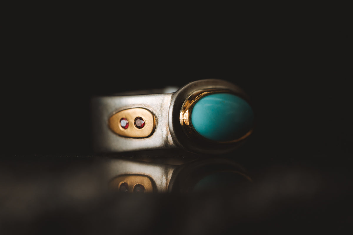 Sterling Silver/22k Yellow Gold Turquoise and Ruby Ring