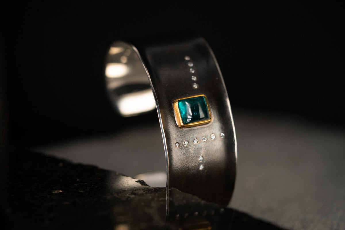 Sterling Silver/22k Yellow Gold Tourmaline and Diamond Cuff