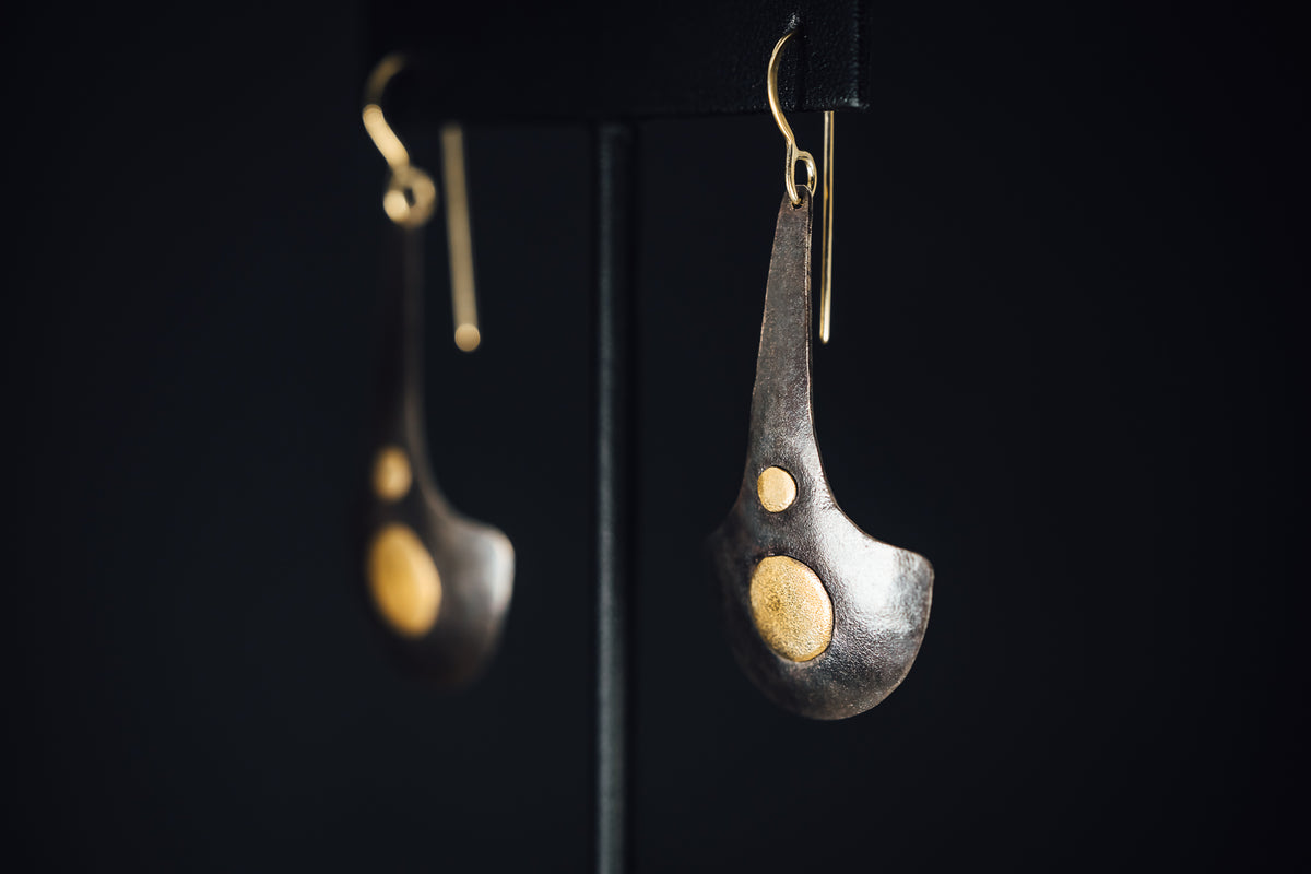 Oxidized Sterling Silver and 22k Yellow Gold Earrings