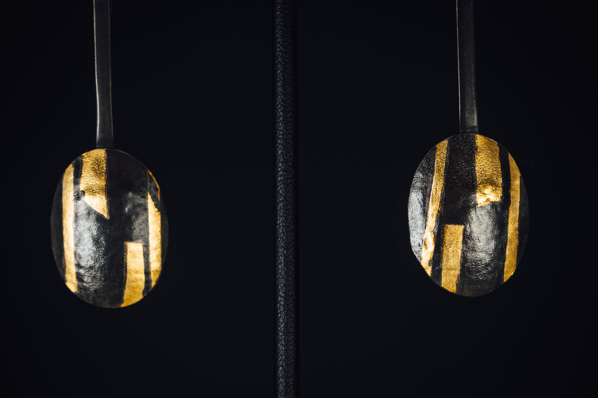 Oxidized Sterling Silver and 23.5k Yellow Gold Earrings