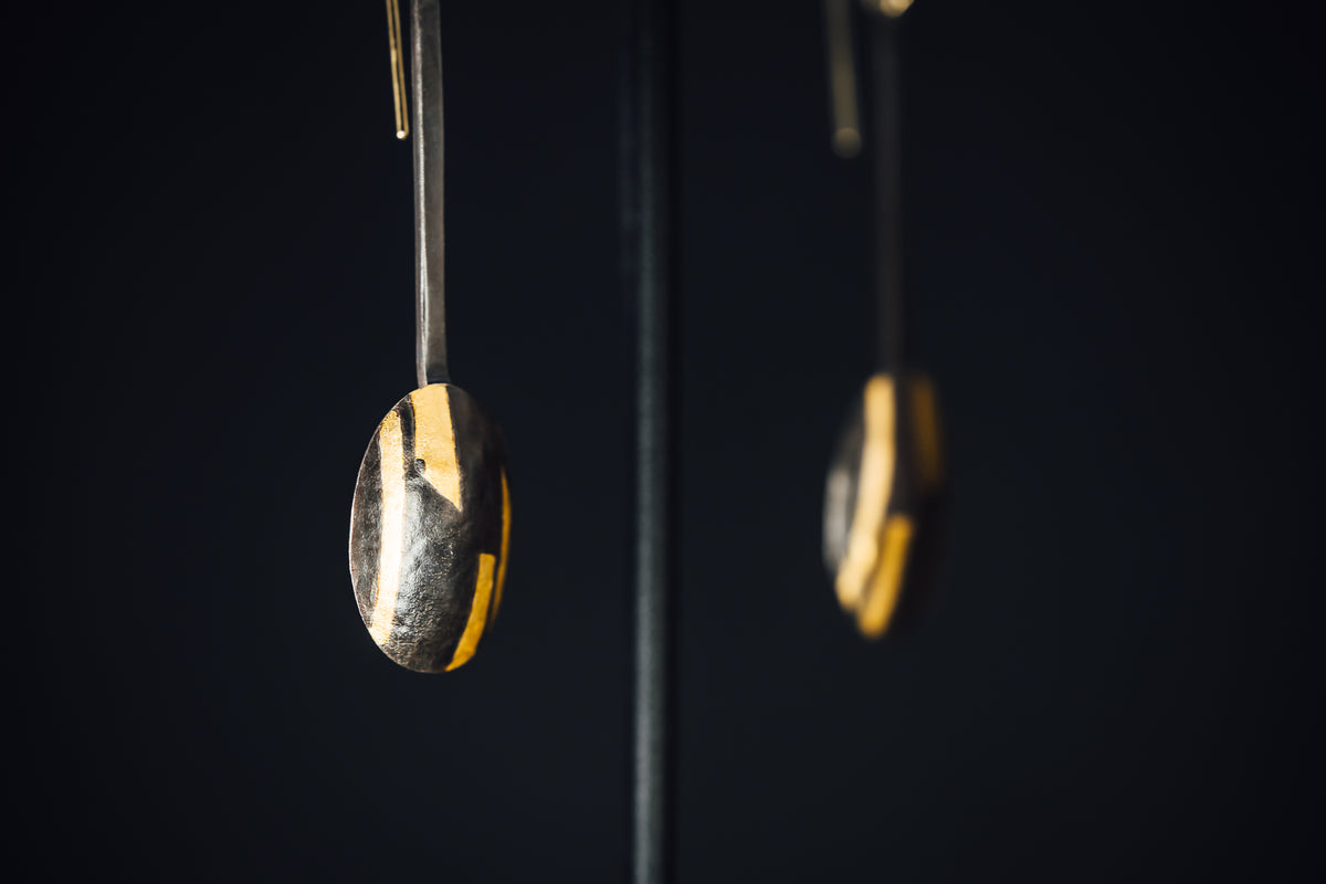 Oxidized Sterling Silver and 23.5k Yellow Gold Earrings