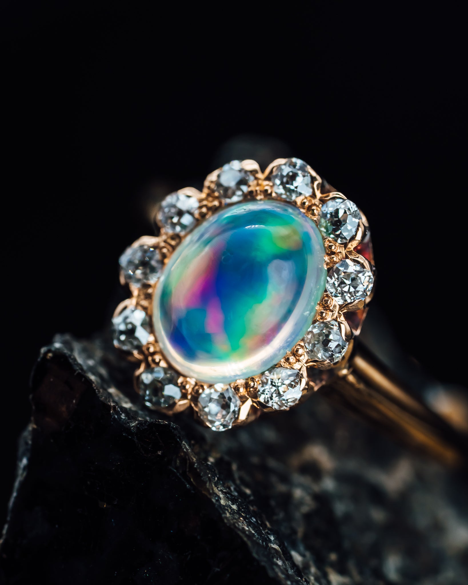 14k Yellow Gold Jelly Opal Cabochon and Diamond Halo Ring