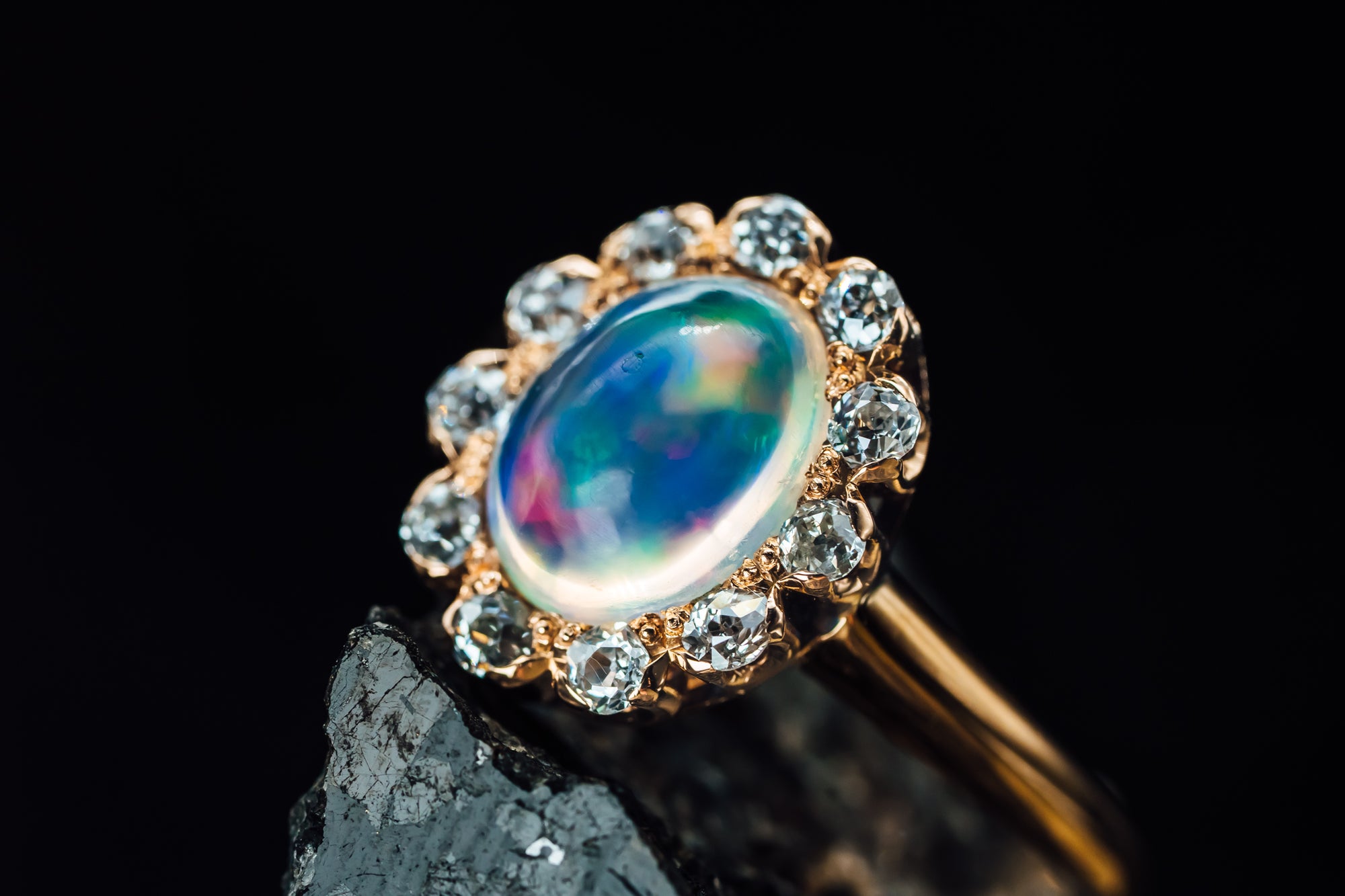 14k Yellow Gold Jelly Opal Cabochon and Diamond Halo Ring