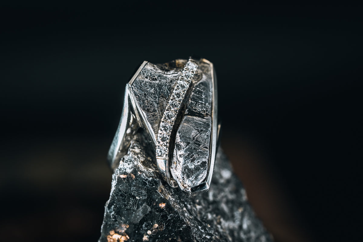 14k White Gold Meteorite and Diamond Ring