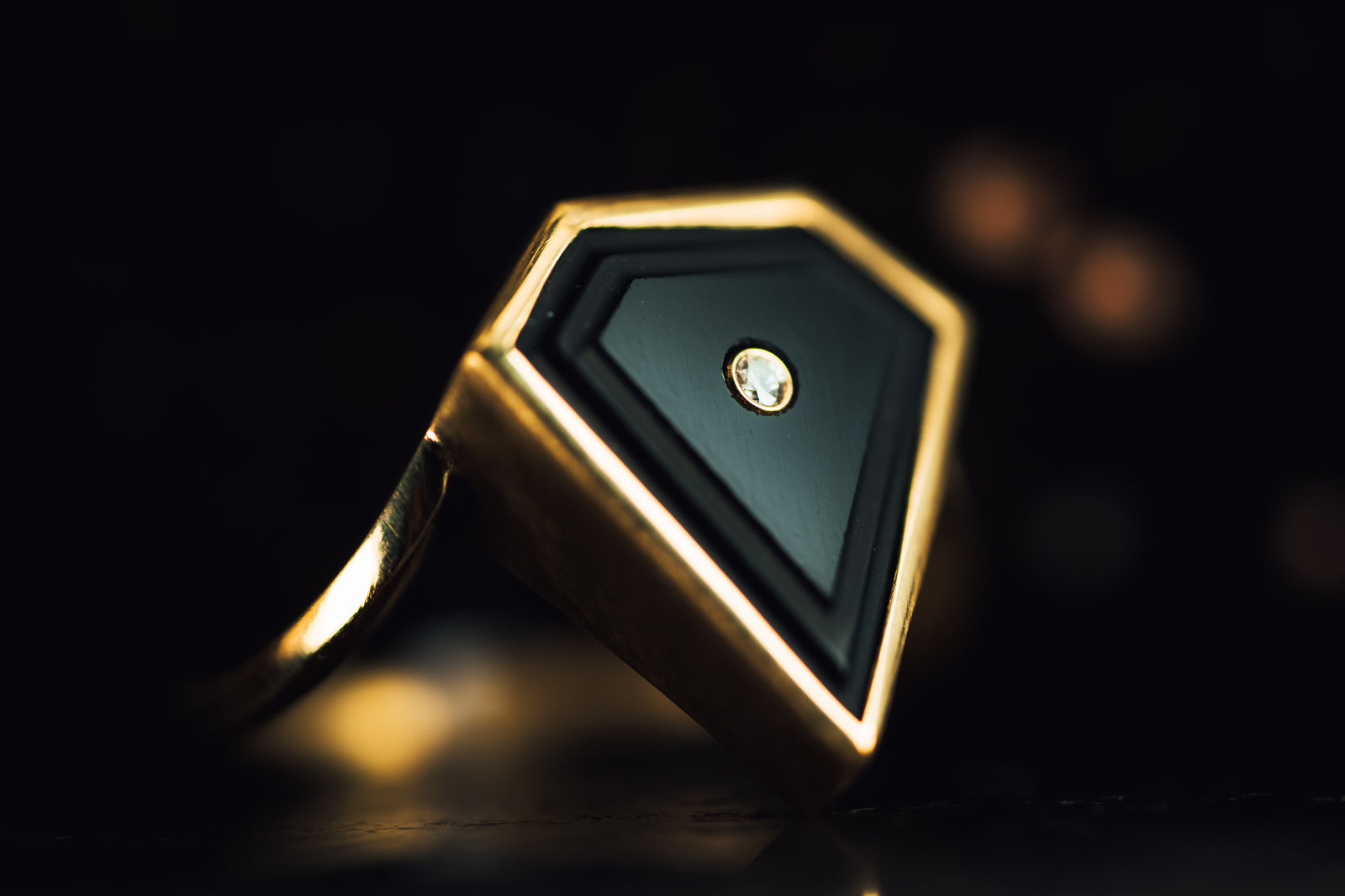 14k Yellow Gold Onyx and Diamond Ring