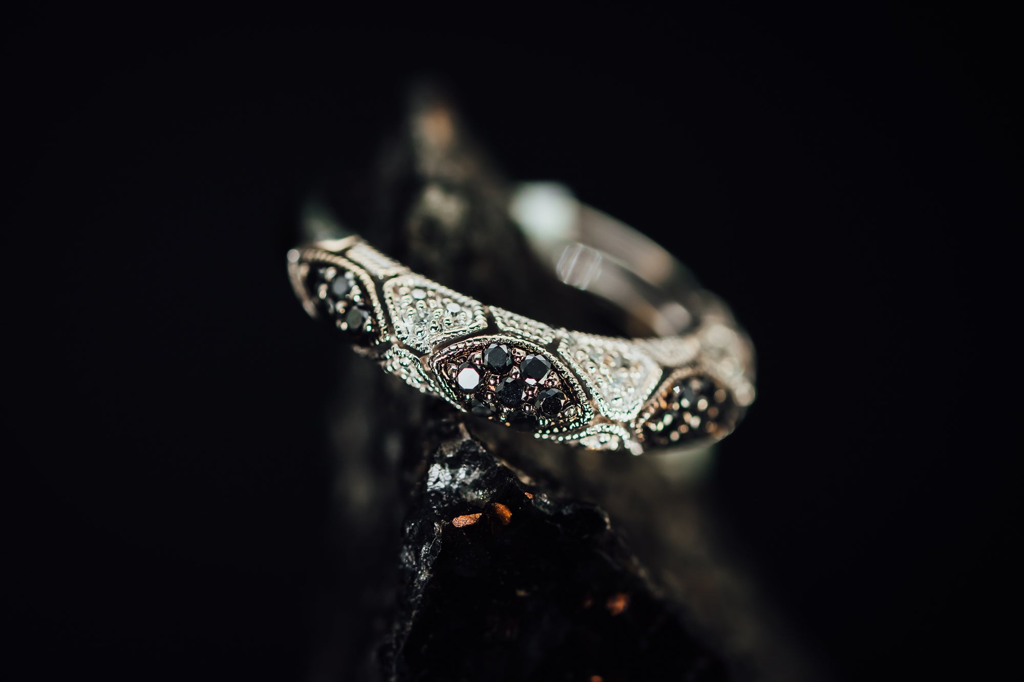 14k White Gold Black and White Pave' Diamond Ring