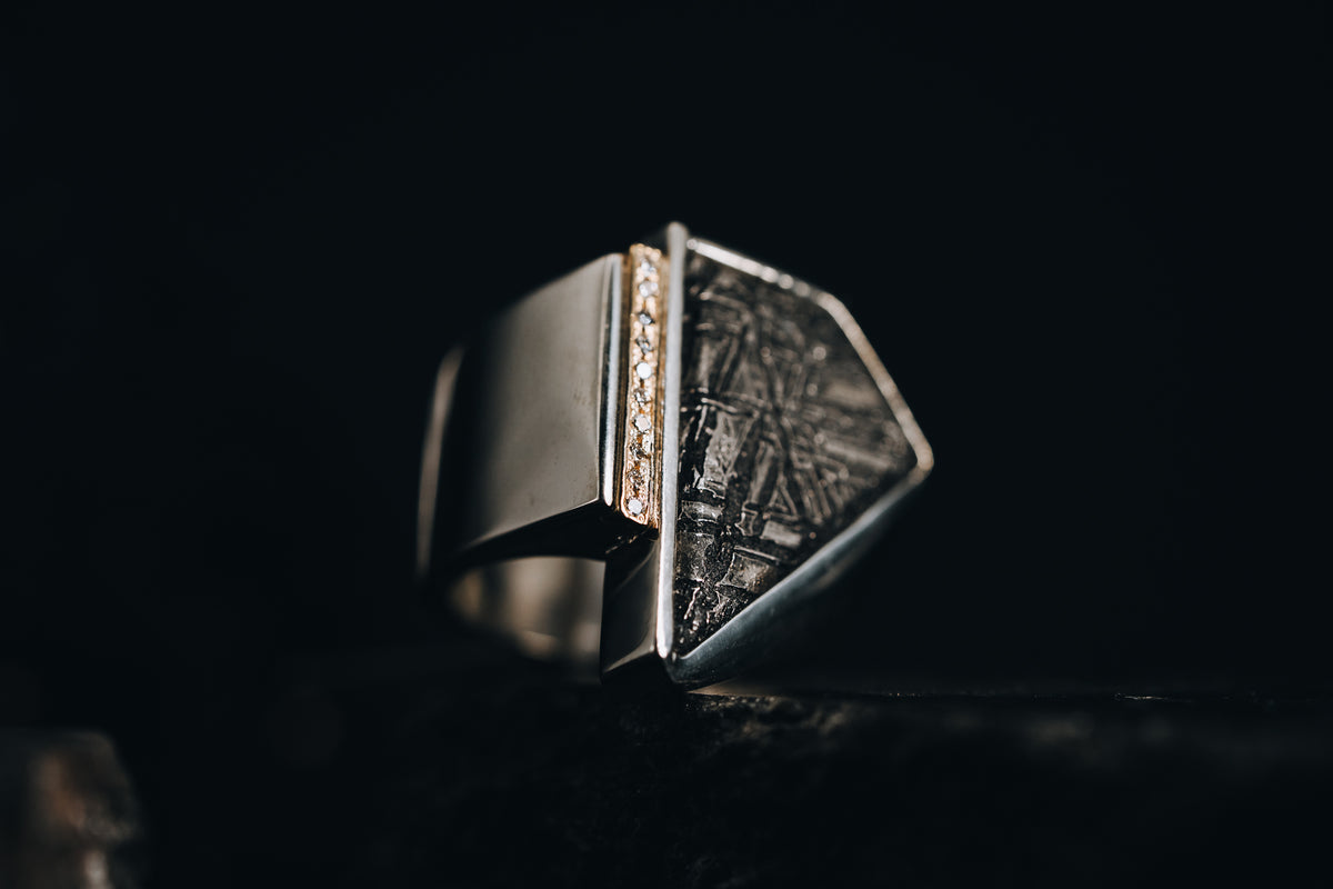Sterling Silver Men's Meteorite and Diamond Ring